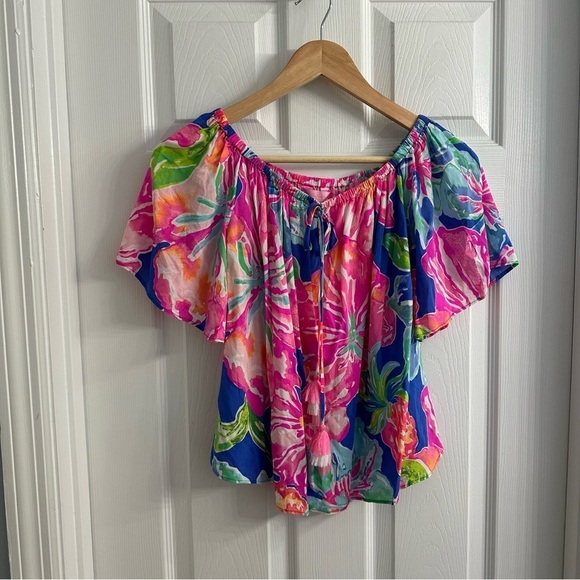 Lilly Pulitzer Blouse Off Shoulder Floral Pink Summer Dainty Size Extra Small - Picture 2 of 6
